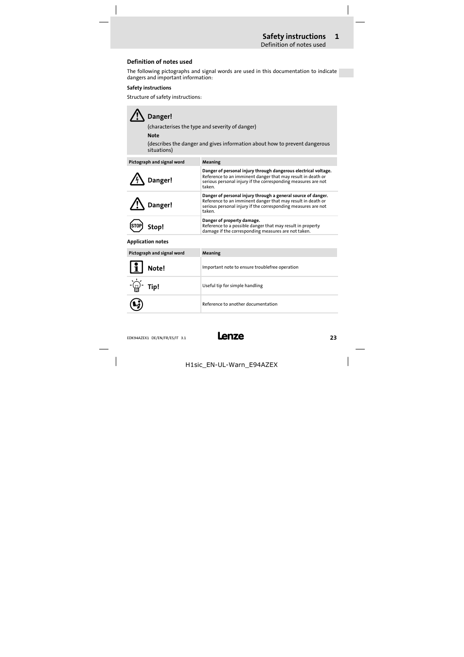 1 safety instructions, Definition of notes used, Safety instructions | Lenze E94AZEX100 User Manual | Page 23 / 84