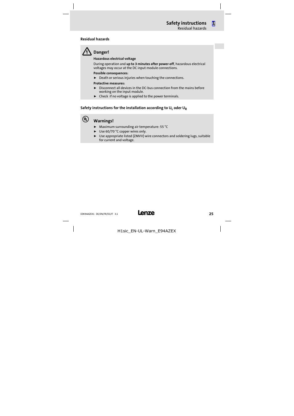 Residual hazards, Safety instructions | Lenze E94AZEX100 User Manual | Page 25 / 84