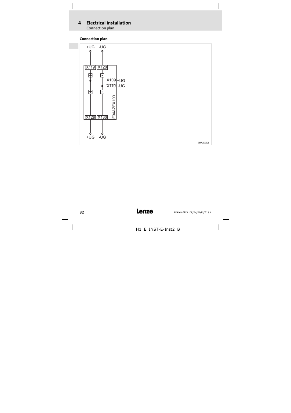 4 electrical installation, Connection plan, Electrical installation | 4electrical installation | Lenze E94AZEX100 User Manual | Page 32 / 84