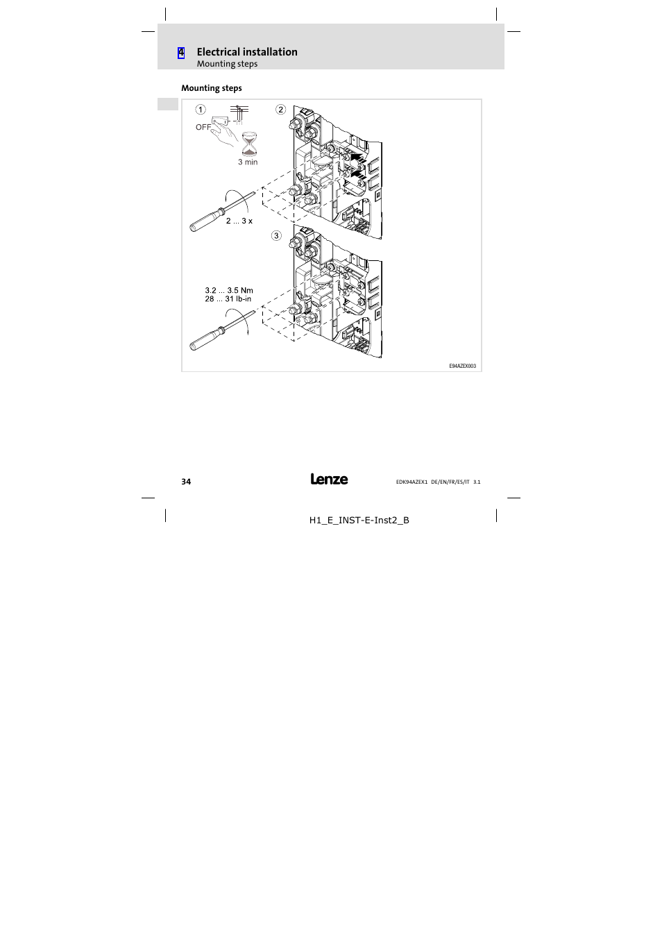 Mounting steps, 4electrical installation | Lenze E94AZEX100 User Manual | Page 34 / 84