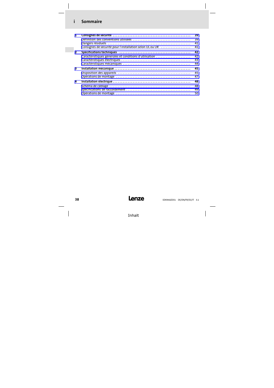 Sommaire, Isommaire | Lenze E94AZEX100 User Manual | Page 38 / 84