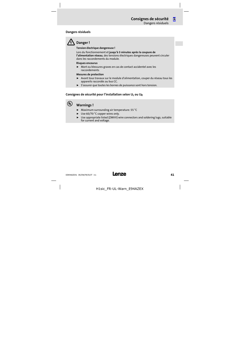 Dangers résiduels, Consignes de sécurité | Lenze E94AZEX100 User Manual | Page 41 / 84