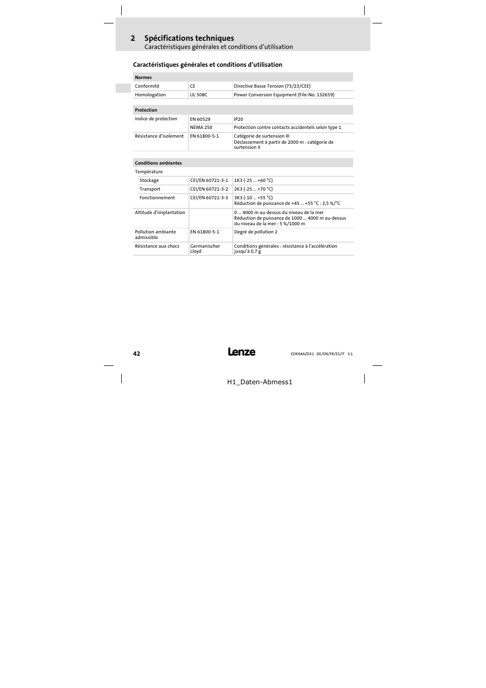 2 spécifications techniques, Spécifications techniques, 2spécifications techniques | Lenze E94AZEX100 User Manual | Page 42 / 84