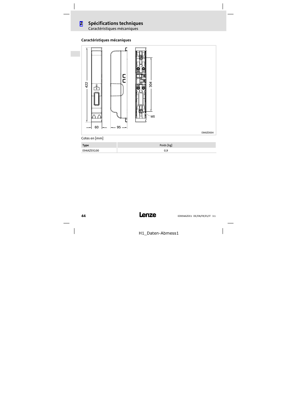 Caractéristiques mécaniques, 2spécifications techniques | Lenze E94AZEX100 User Manual | Page 44 / 84