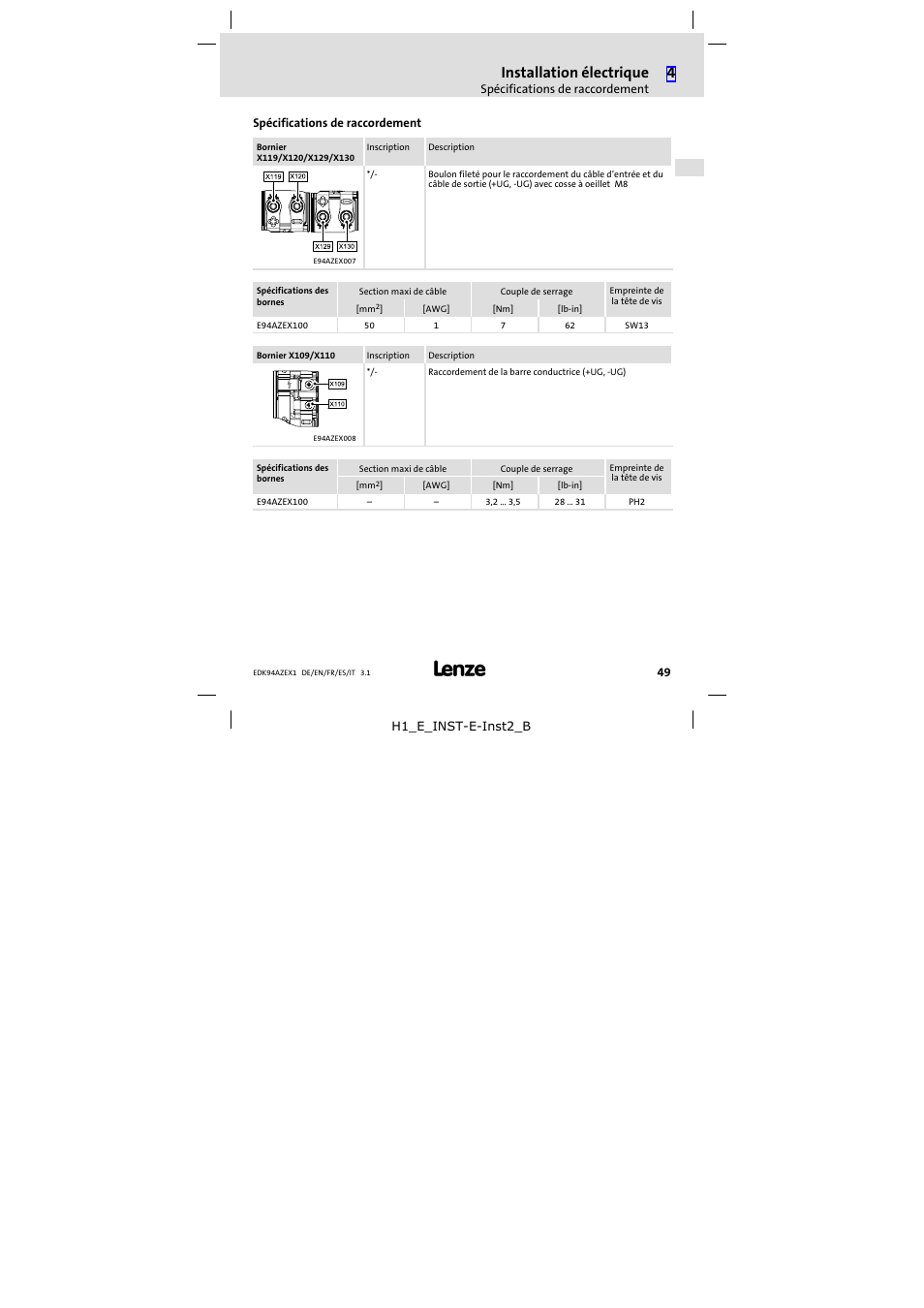 Spécifications de raccordement, Installation électrique | Lenze E94AZEX100 User Manual | Page 49 / 84