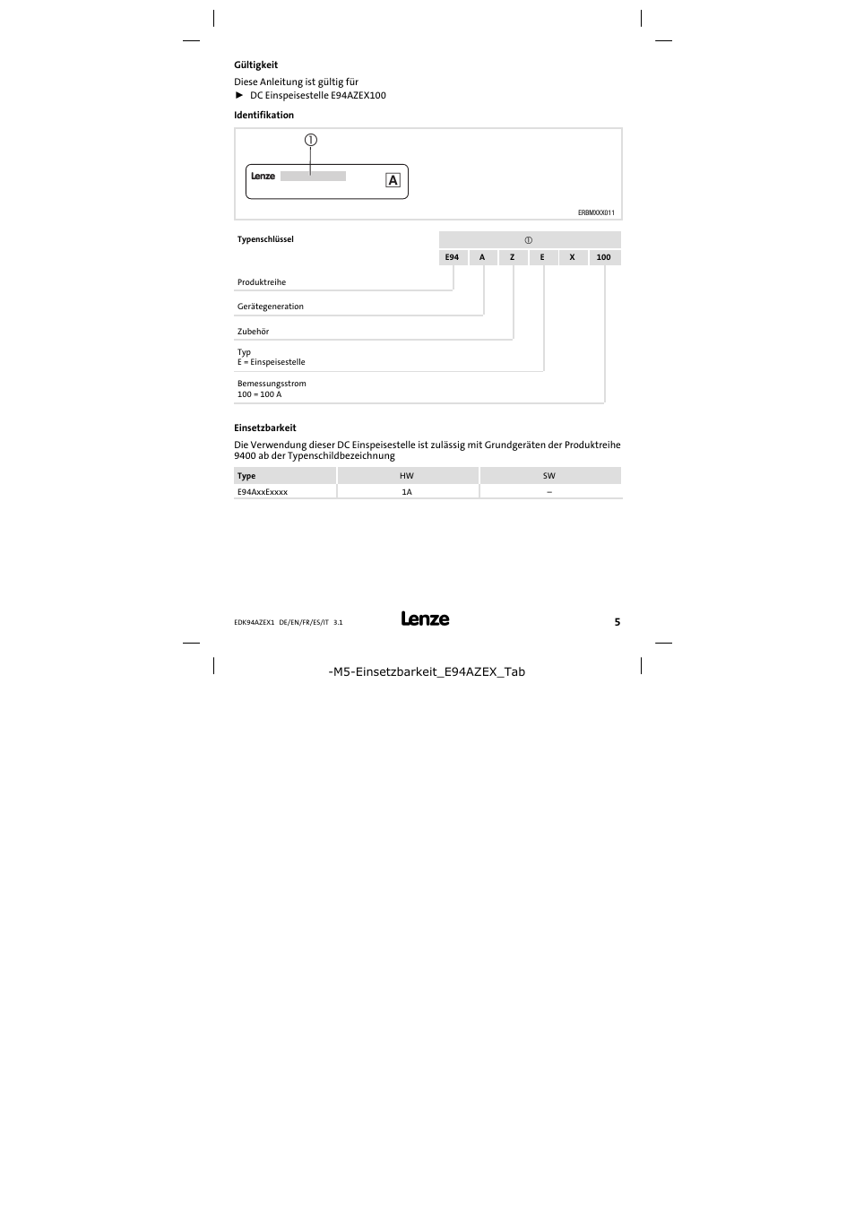 Gültigkeit | Lenze E94AZEX100 User Manual | Page 5 / 84
