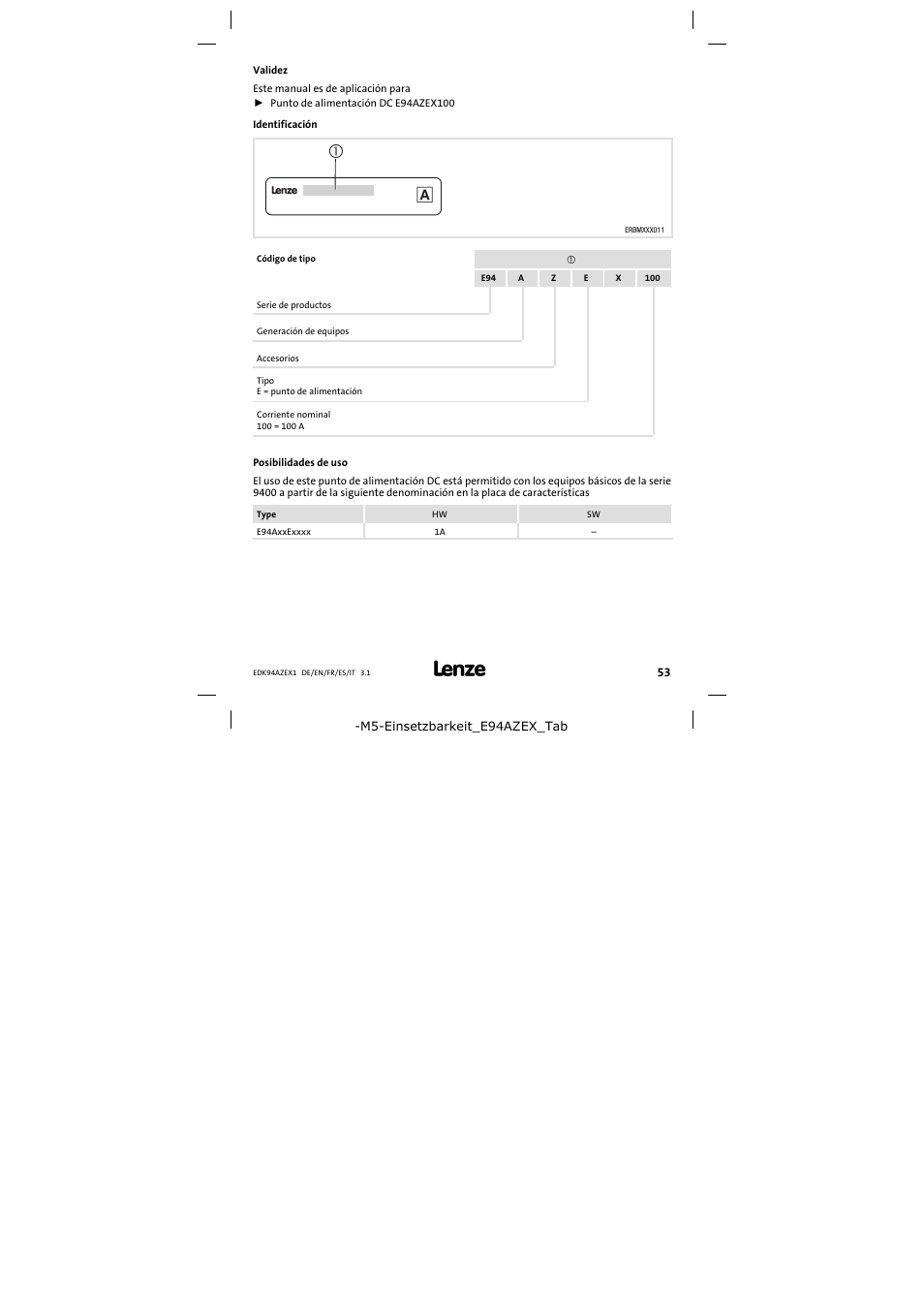 Validez | Lenze E94AZEX100 User Manual | Page 53 / 84