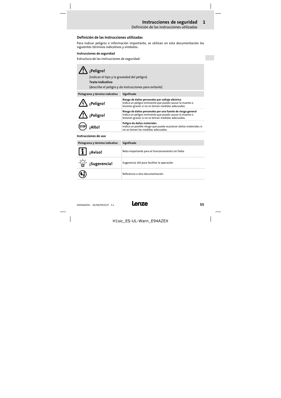 1 instrucciones de seguridad, Definición de las instrucciones utilizadas, Instrucciones de seguridad | Lenze E94AZEX100 User Manual | Page 55 / 84