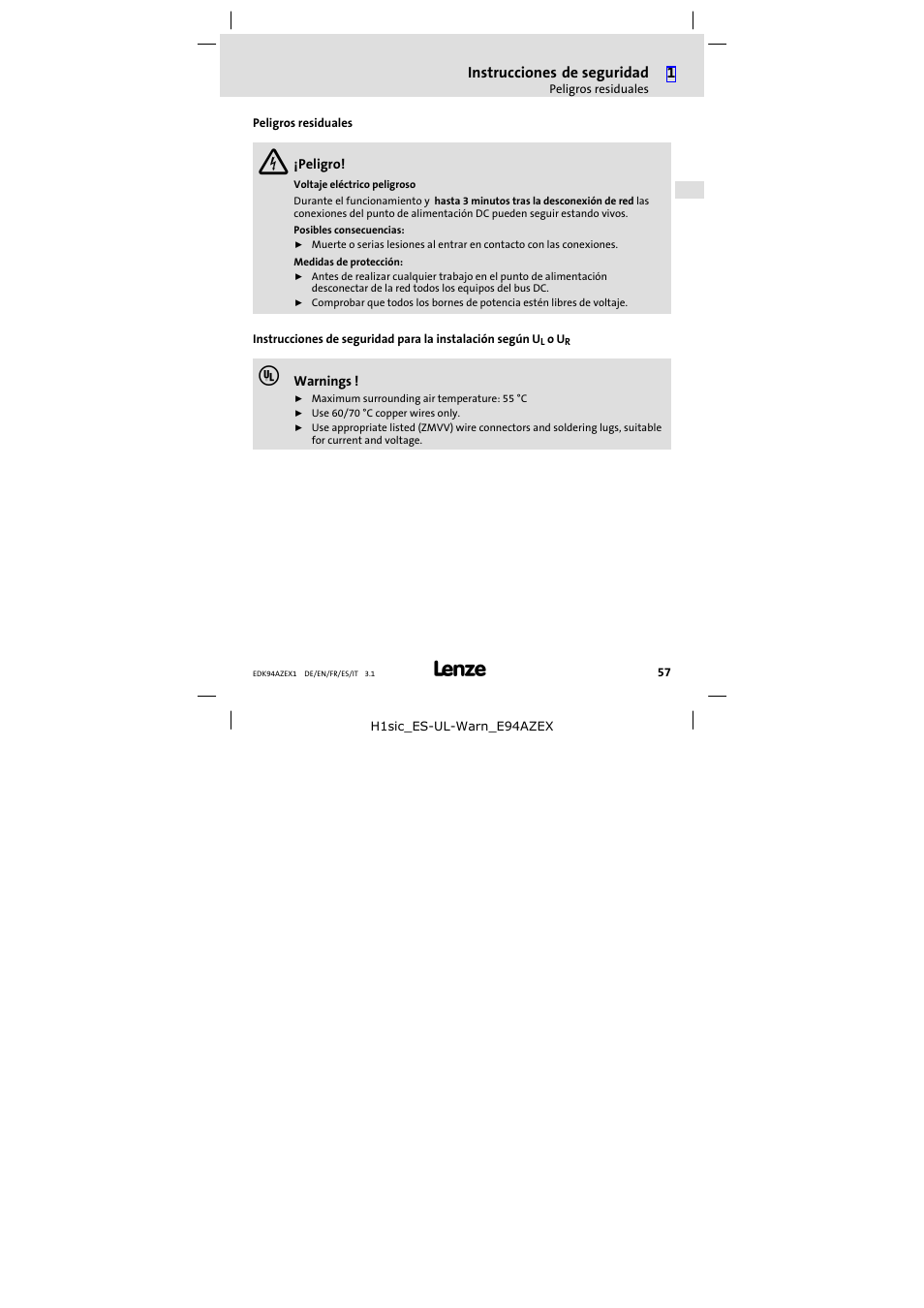 Peligros residuales, Instrucciones de seguridad | Lenze E94AZEX100 User Manual | Page 57 / 84