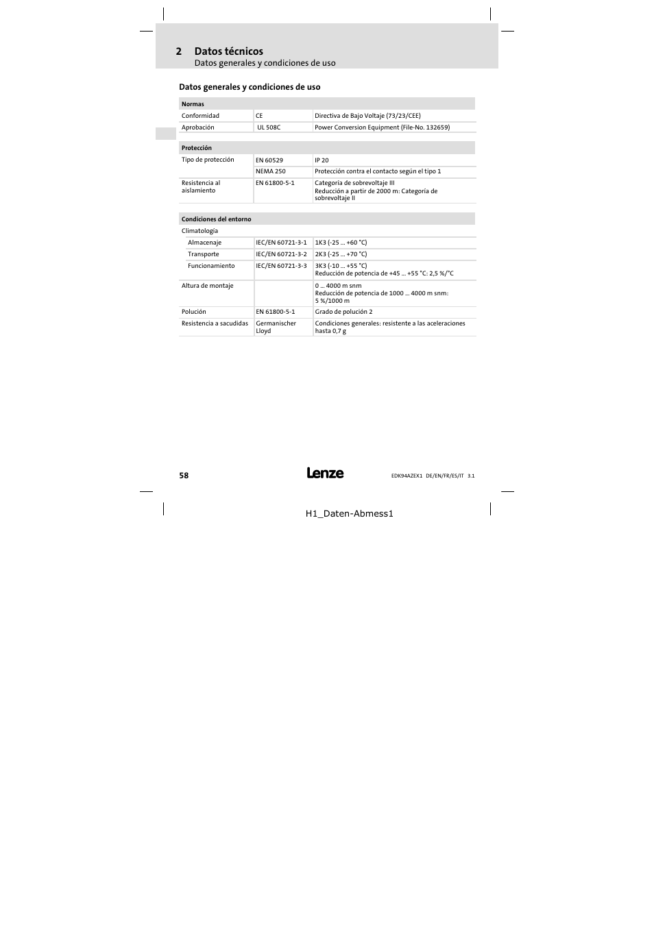 2 datos técnicos, Datos generales y condiciones de uso, Datos técnicos | 2datos técnicos | Lenze E94AZEX100 User Manual | Page 58 / 84