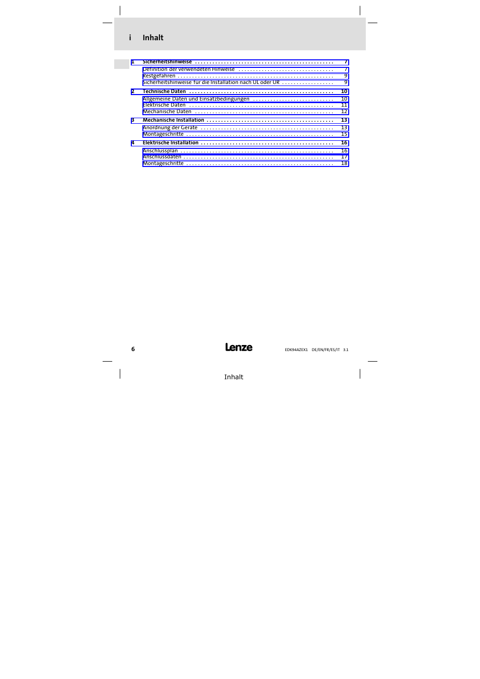 Inhalt, Iinhalt | Lenze E94AZEX100 User Manual | Page 6 / 84