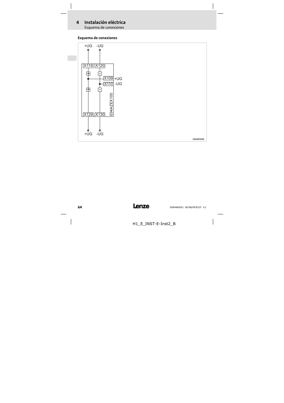4 instalación eléctrica, Esquema de conexiones, Instalación eléctrica | 4instalación eléctrica | Lenze E94AZEX100 User Manual | Page 64 / 84