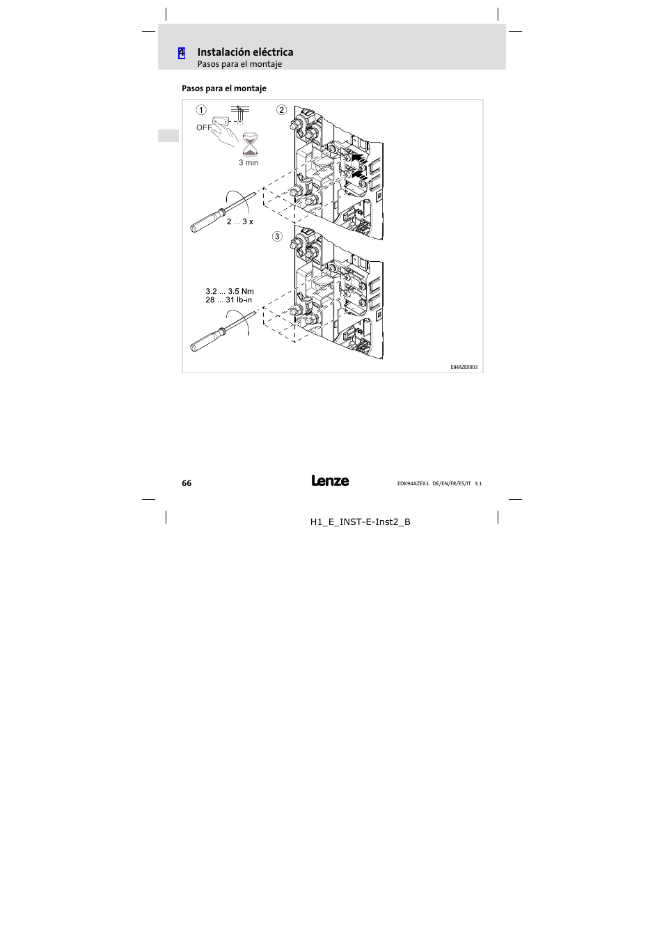 Pasos para el montaje, 4instalación eléctrica | Lenze E94AZEX100 User Manual | Page 66 / 84