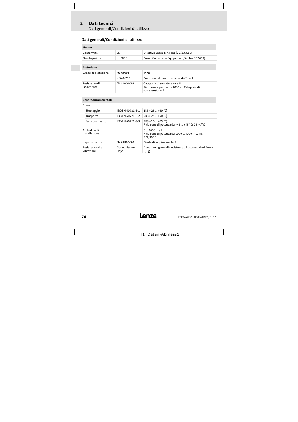 2 dati tecnici, Dati generali/condizioni di utilizzo, Dati tecnici | 2dati tecnici | Lenze E94AZEX100 User Manual | Page 74 / 84