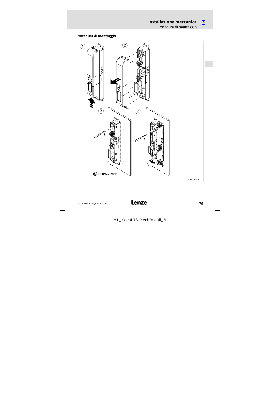 Procedura di montaggio | Lenze E94AZEX100 User Manual | Page 79 / 84