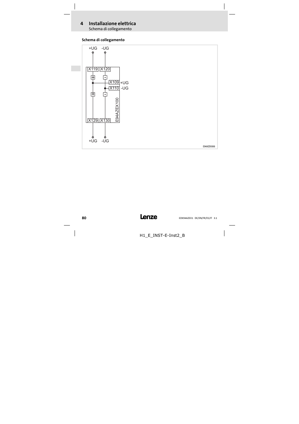 4 installazione elettrica, Schema di collegamento, Installazione elettrica | 4installazione elettrica | Lenze E94AZEX100 User Manual | Page 80 / 84