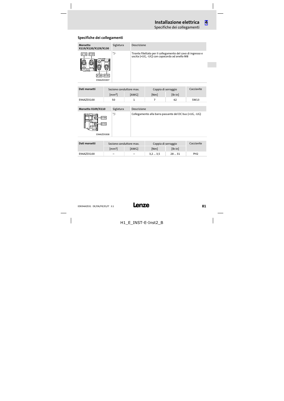 Specifiche dei collegamenti, Installazione elettrica | Lenze E94AZEX100 User Manual | Page 81 / 84