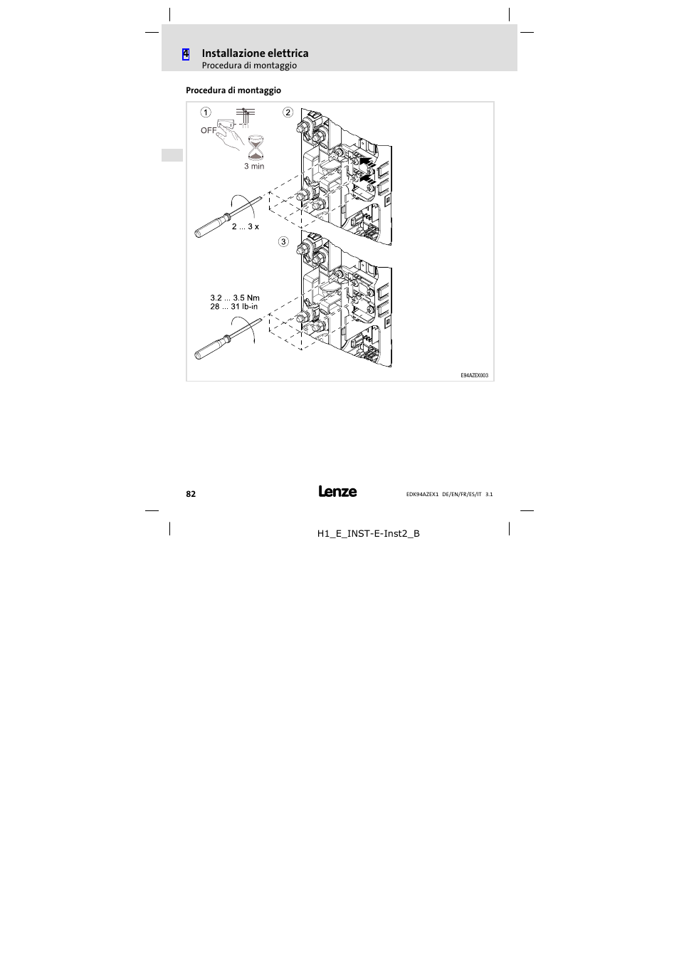 Procedura di montaggio, 4installazione elettrica | Lenze E94AZEX100 User Manual | Page 82 / 84