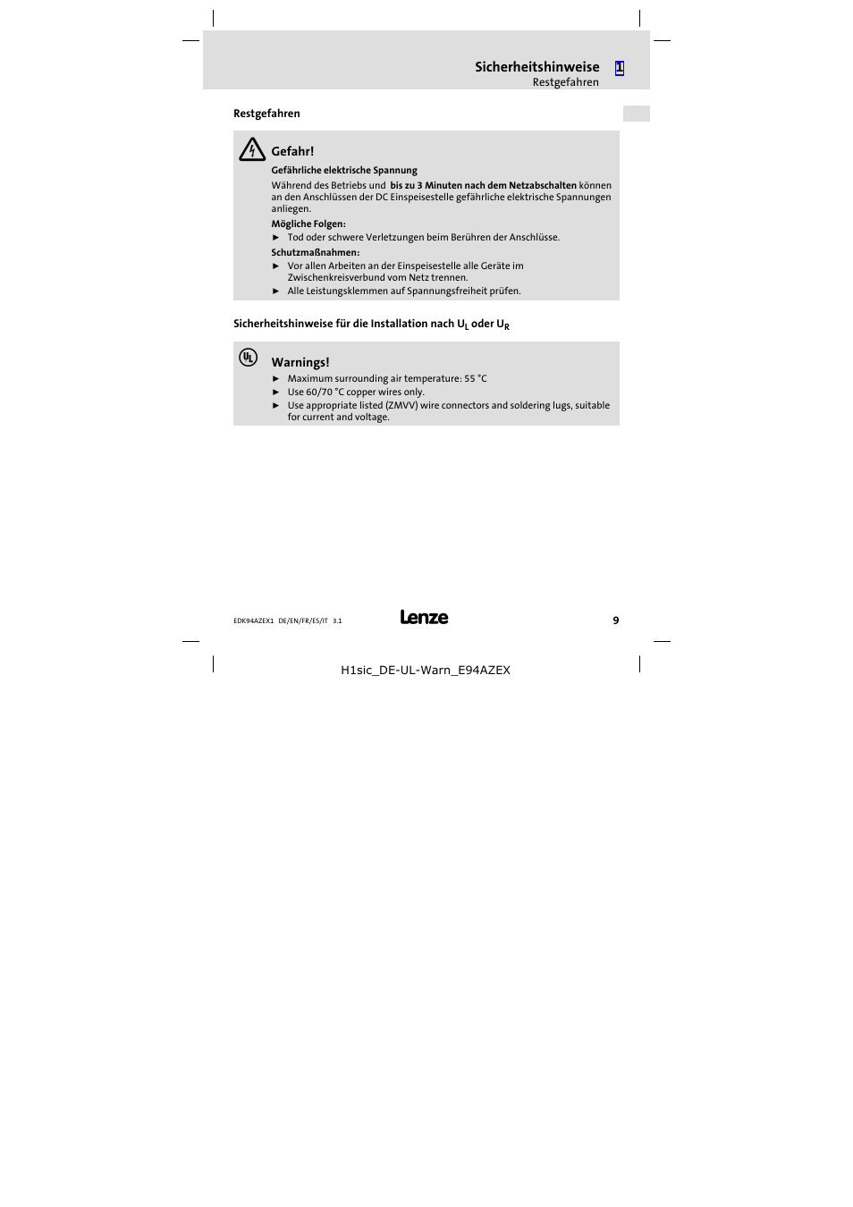 Restgefahren, Sicherheitshinweise | Lenze E94AZEX100 User Manual | Page 9 / 84