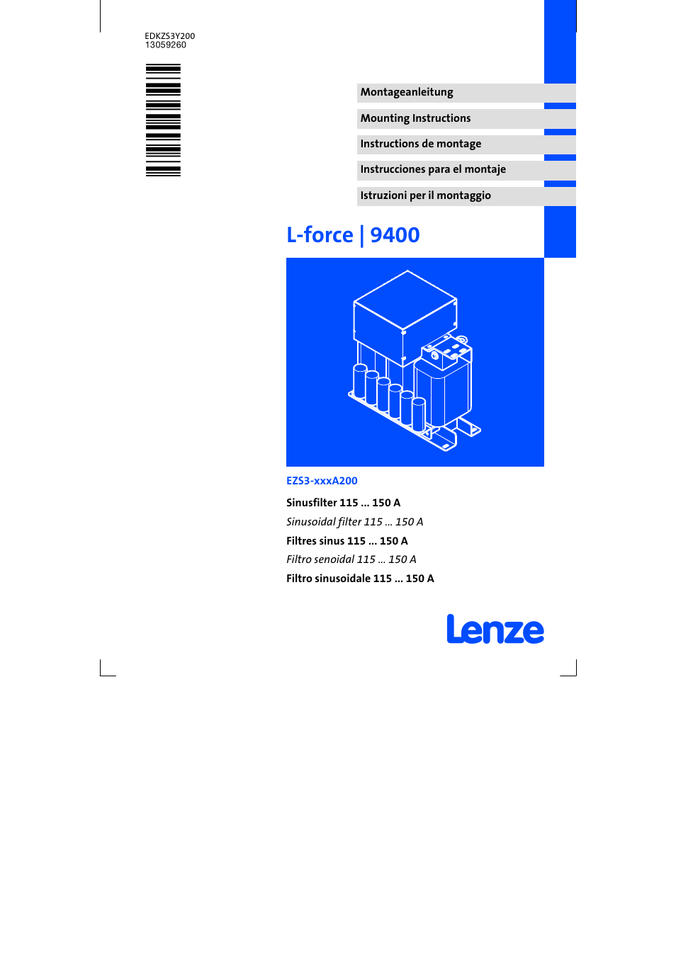 Lenze EZS3-xxxA200 Sinusoidal filter 115-150A User Manual | 44 pages