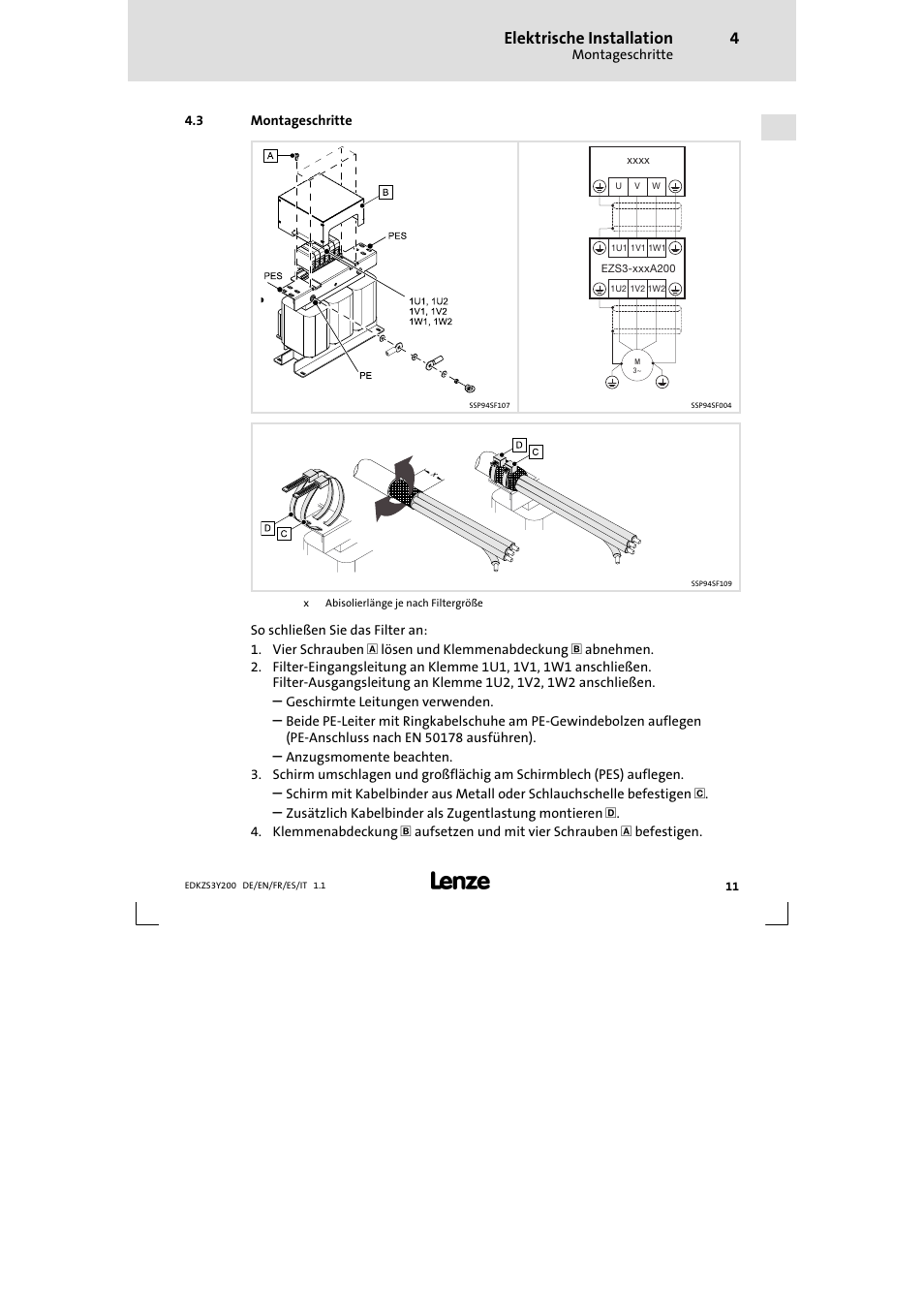 Elektrische installation | Lenze EZS3-xxxA200 Sinusoidal filter 115-150A User Manual | Page 11 / 44