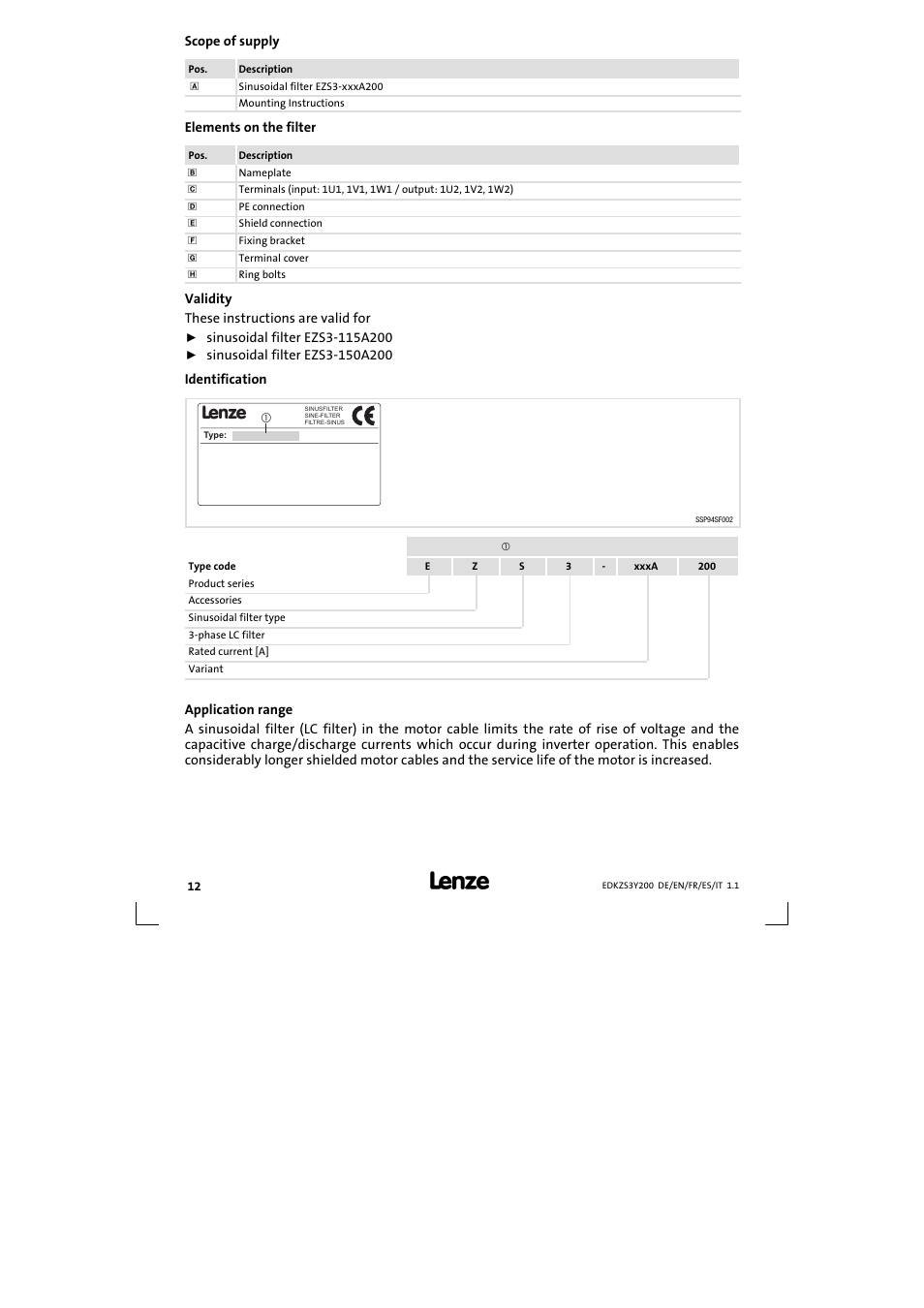 Scope of supply | Lenze EZS3-xxxA200 Sinusoidal filter 115-150A User Manual | Page 12 / 44