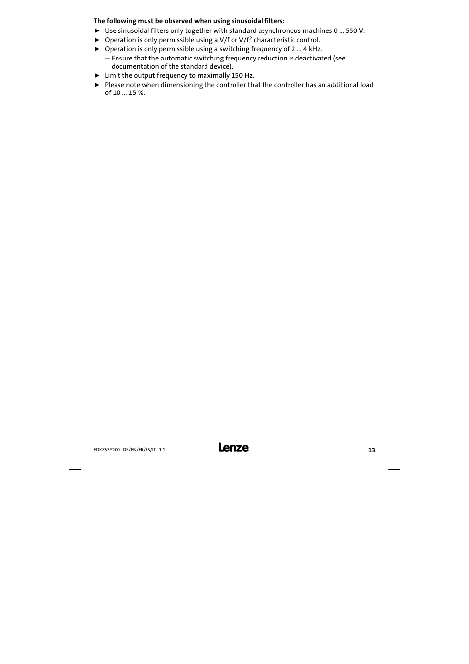 Lenze EZS3-xxxA200 Sinusoidal filter 115-150A User Manual | Page 13 / 44