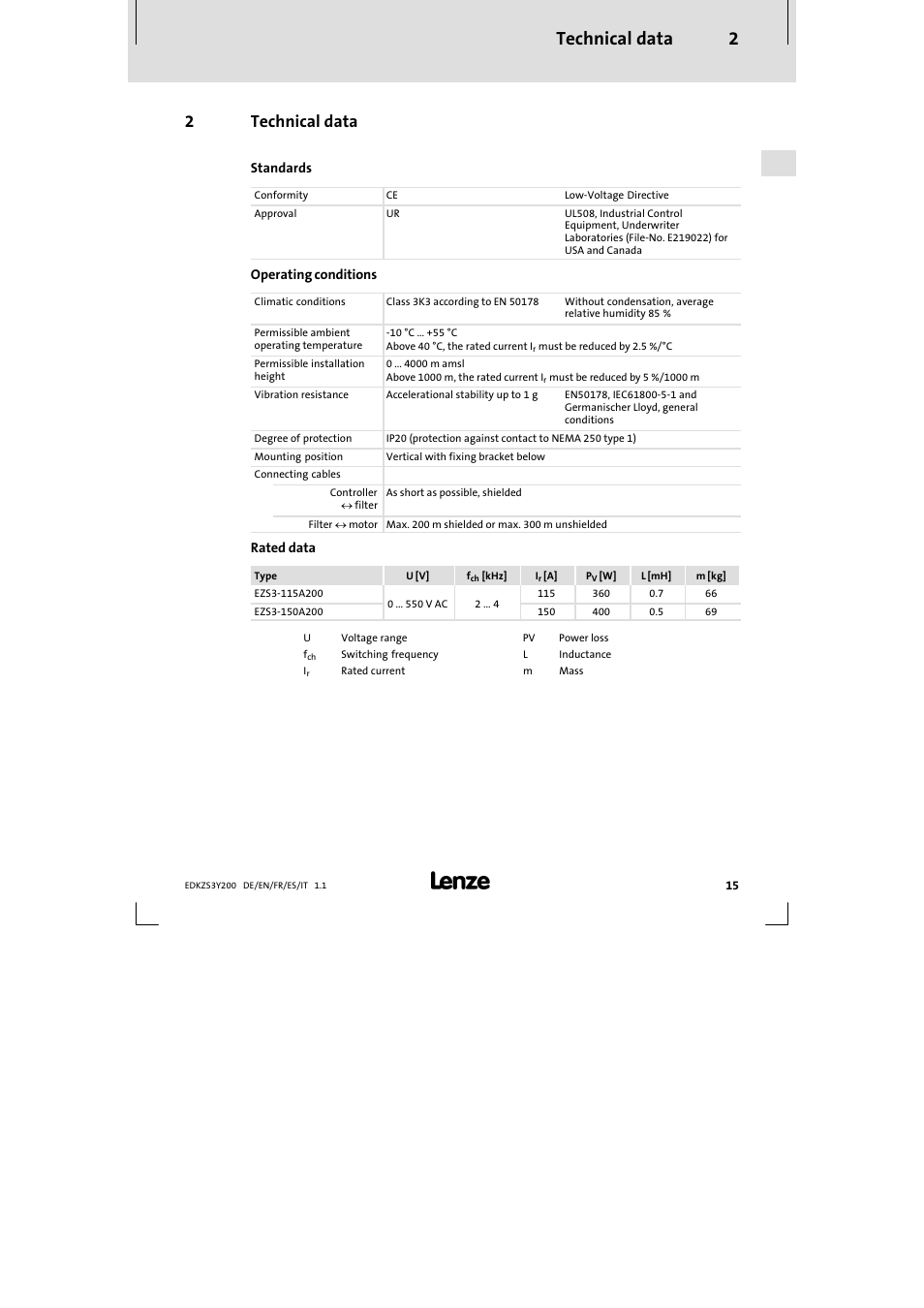 2 technical data, Technical data 2, 2technical data | Lenze EZS3-xxxA200 Sinusoidal filter 115-150A User Manual | Page 15 / 44