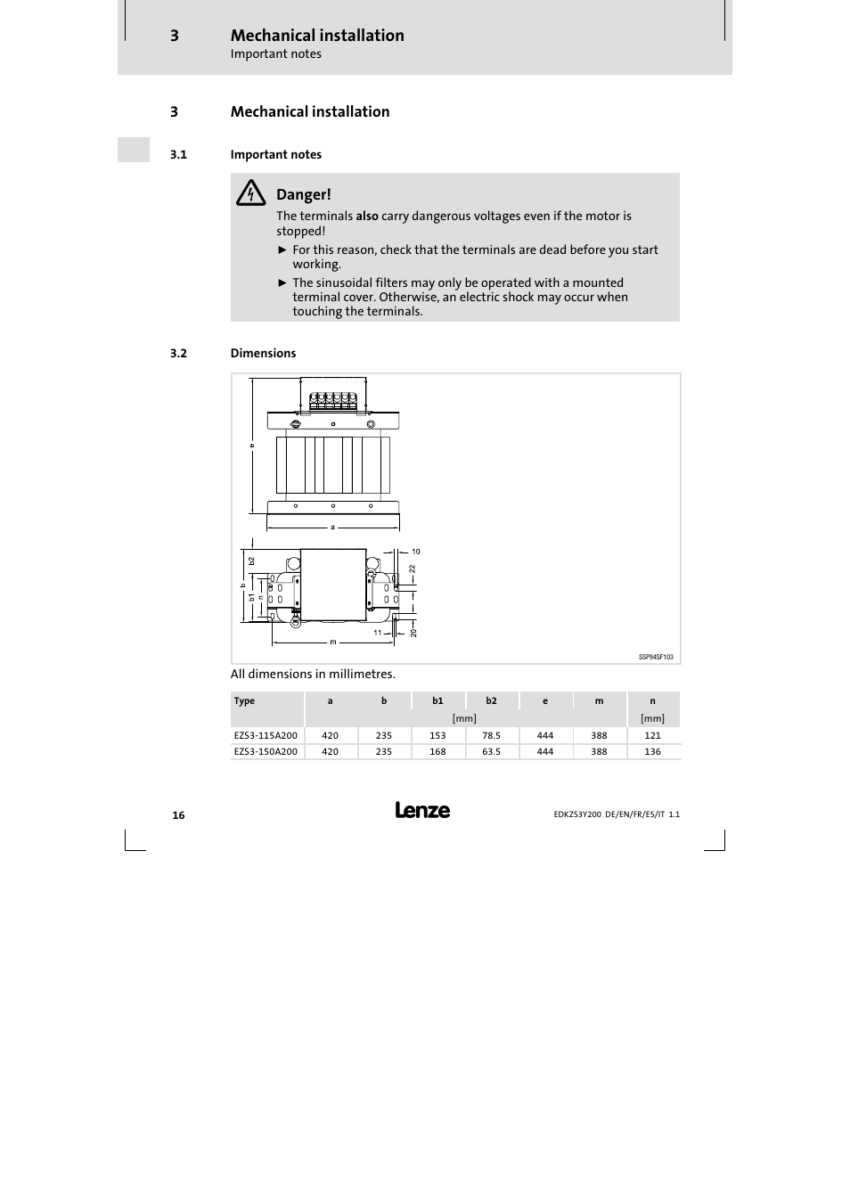 3 mechanical installation, Mechanical installation, 3mechanical installation | Danger | Lenze EZS3-xxxA200 Sinusoidal filter 115-150A User Manual | Page 16 / 44