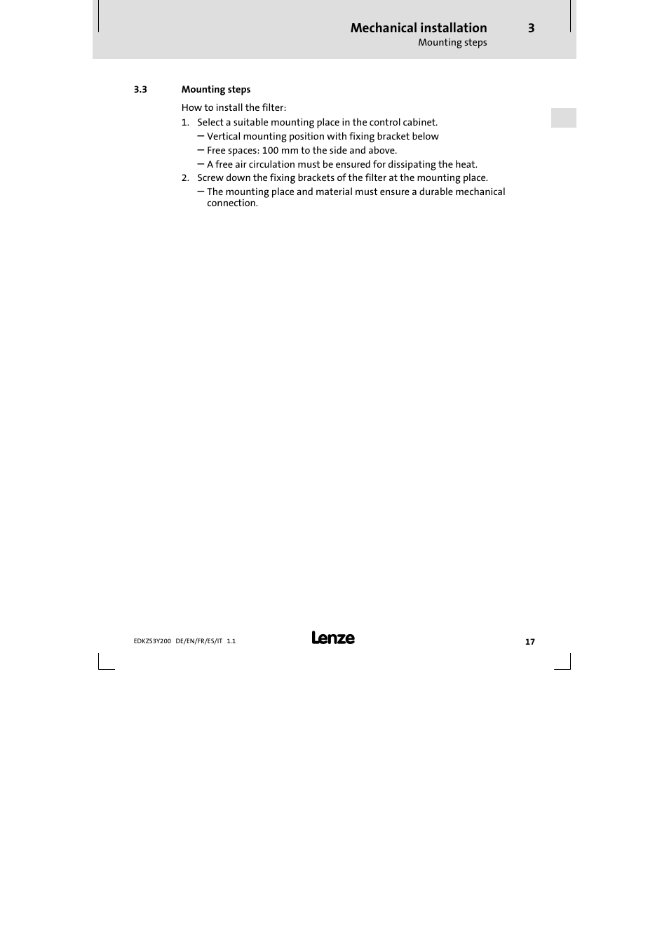 Mechanical installation | Lenze EZS3-xxxA200 Sinusoidal filter 115-150A User Manual | Page 17 / 44