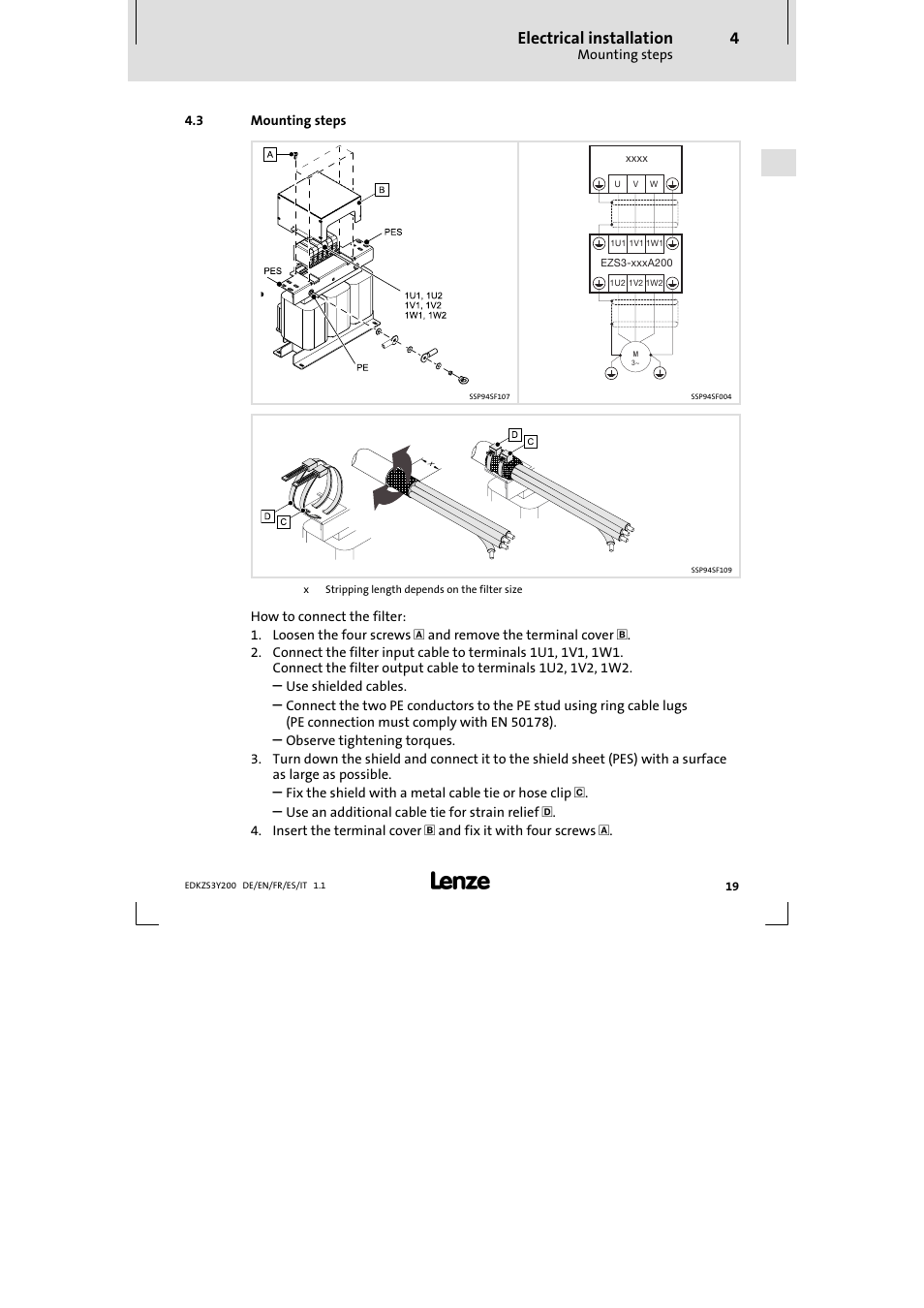Electrical installation | Lenze EZS3-xxxA200 Sinusoidal filter 115-150A User Manual | Page 19 / 44
