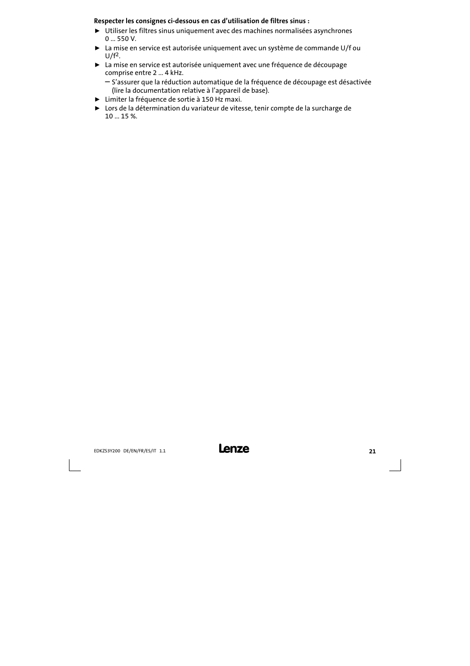 Lenze EZS3-xxxA200 Sinusoidal filter 115-150A User Manual | Page 21 / 44