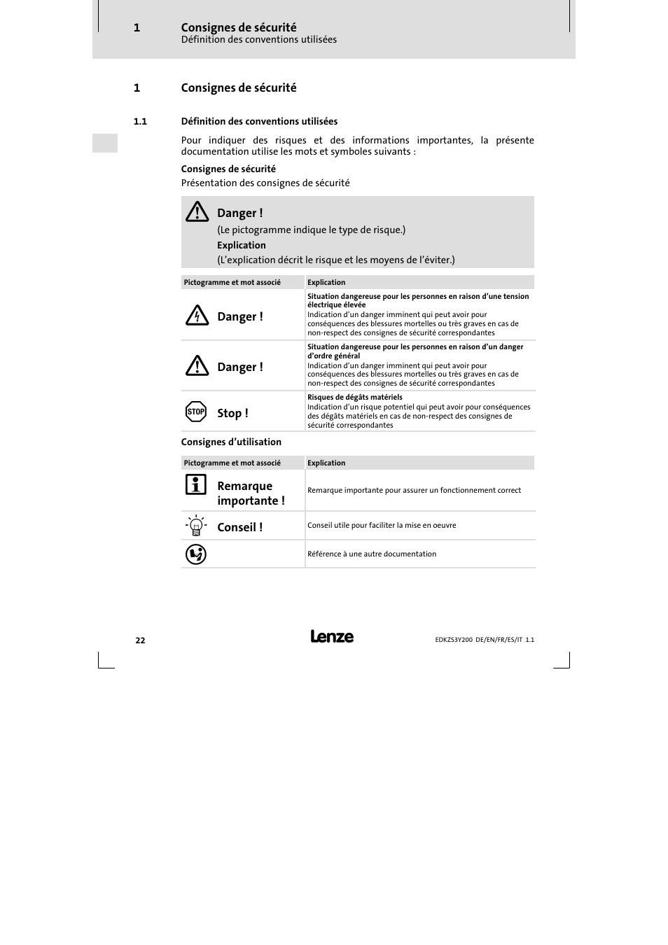 1 consignes de sécurité | Lenze EZS3-xxxA200 Sinusoidal filter 115-150A User Manual | Page 22 / 44