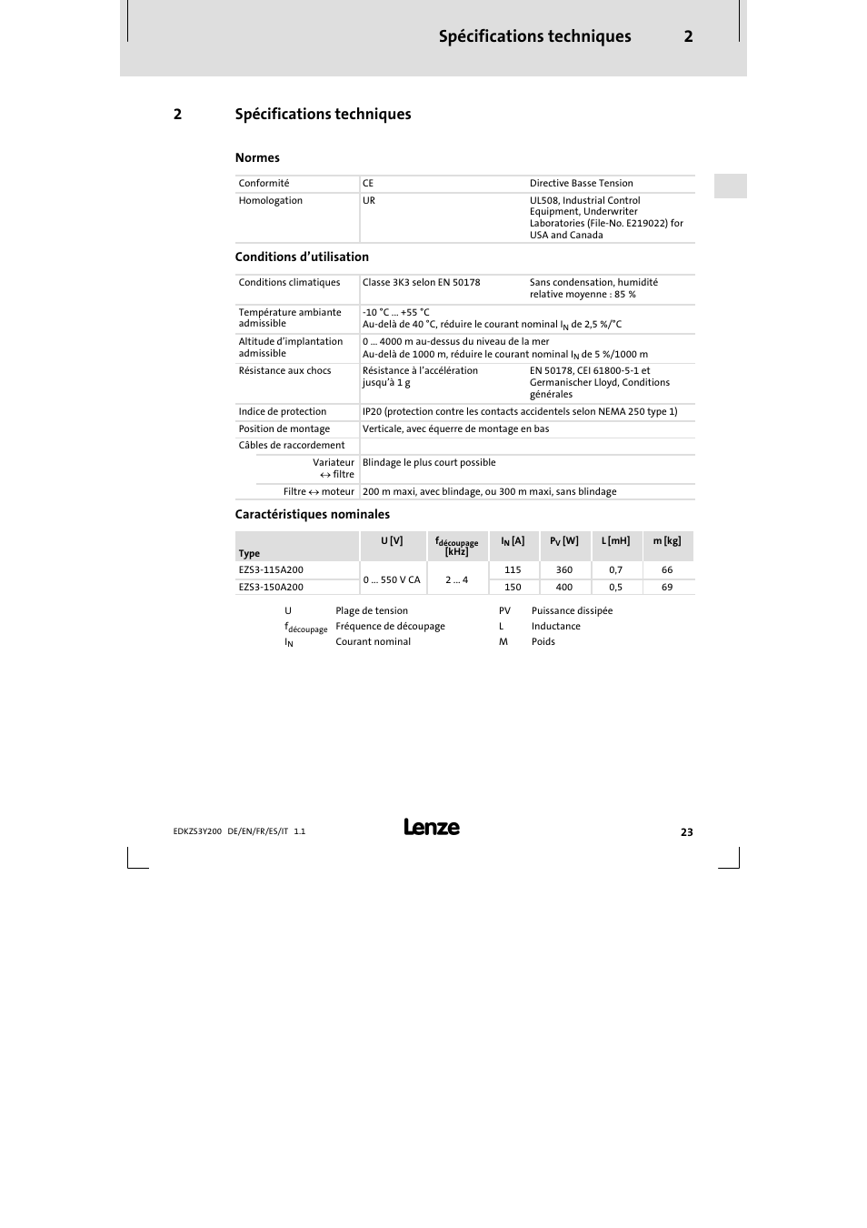 2 spécifications techniques, Spécifications techniques 2, 2spécifications techniques | Lenze EZS3-xxxA200 Sinusoidal filter 115-150A User Manual | Page 23 / 44