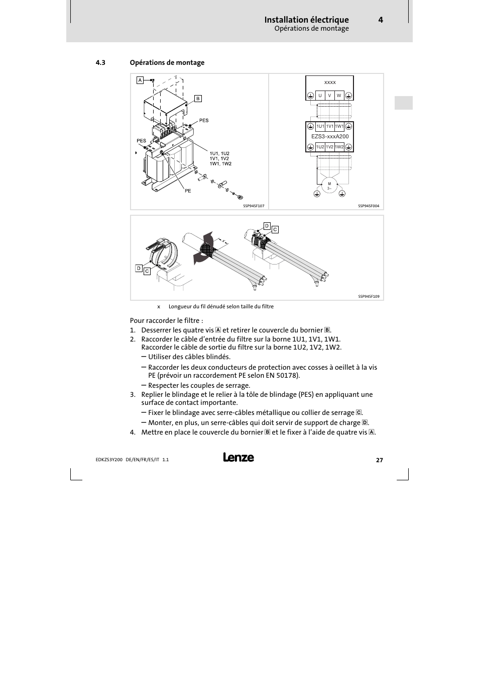 Installation électrique | Lenze EZS3-xxxA200 Sinusoidal filter 115-150A User Manual | Page 27 / 44