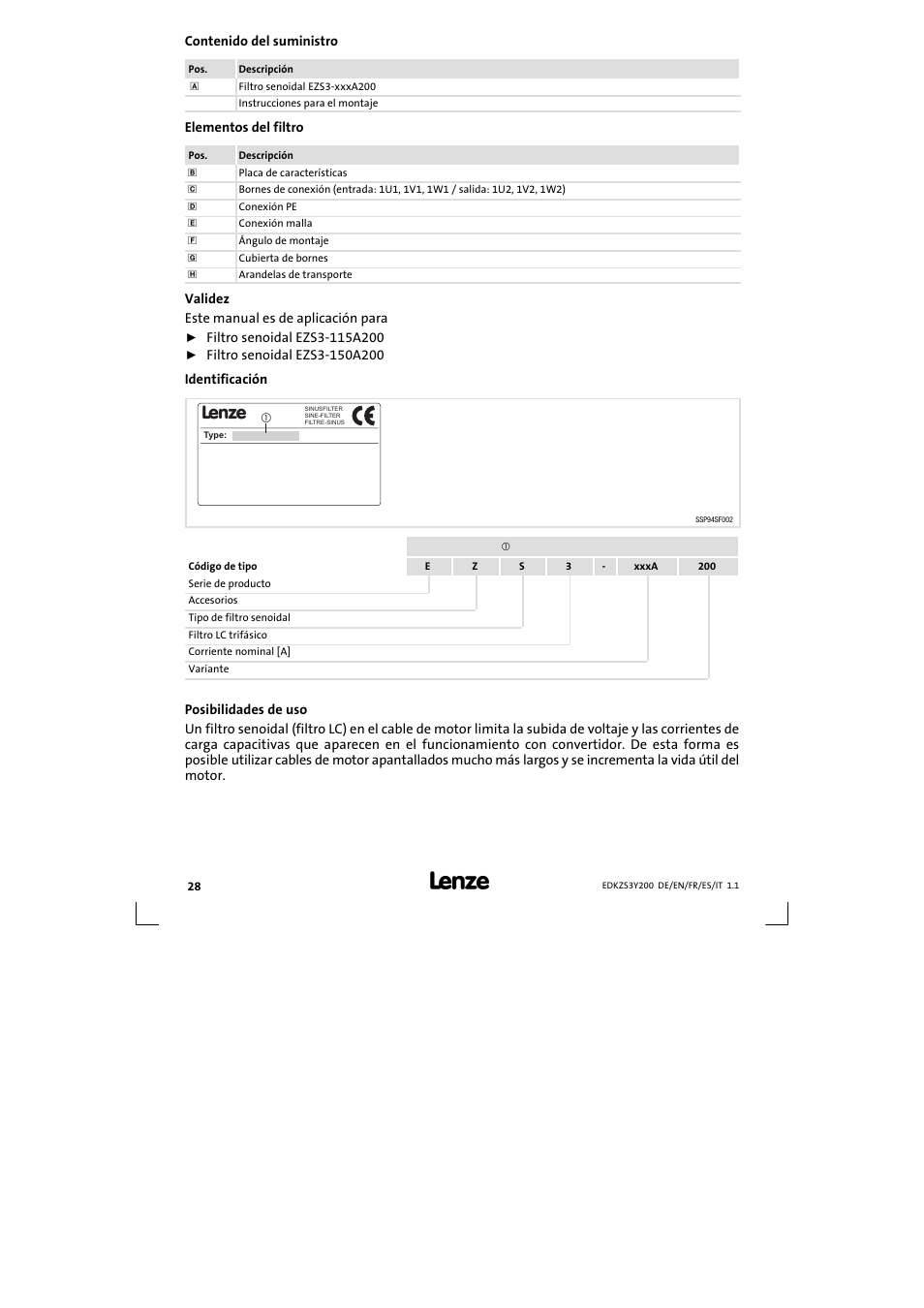 Lenze EZS3-xxxA200 Sinusoidal filter 115-150A User Manual | Page 28 / 44