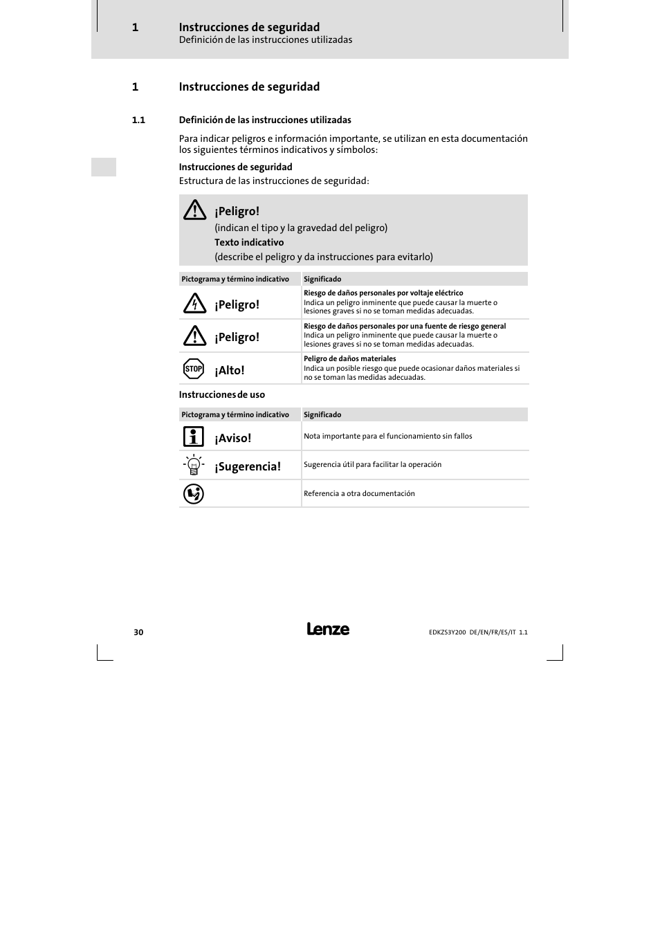 1 instrucciones de seguridad | Lenze EZS3-xxxA200 Sinusoidal filter 115-150A User Manual | Page 30 / 44