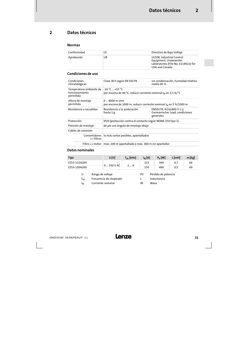 2 datos técnicos, Datos técnicos 2, 2datos técnicos | Lenze EZS3-xxxA200 Sinusoidal filter 115-150A User Manual | Page 31 / 44