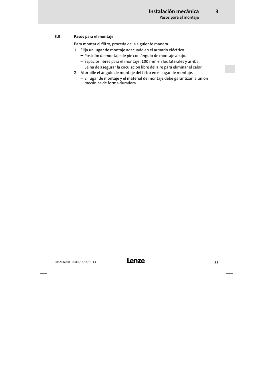 Instalación mecánica | Lenze EZS3-xxxA200 Sinusoidal filter 115-150A User Manual | Page 33 / 44