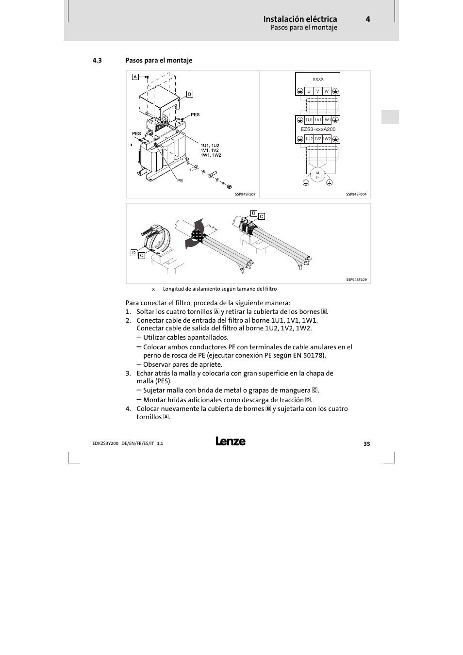 Instalación eléctrica | Lenze EZS3-xxxA200 Sinusoidal filter 115-150A User Manual | Page 35 / 44