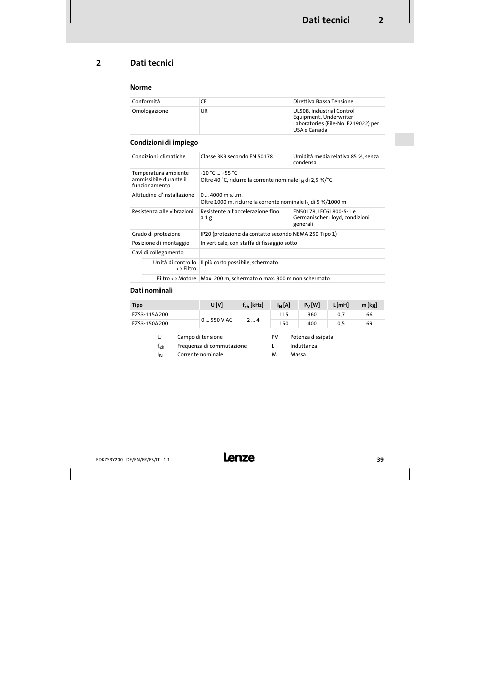 2 dati tecnici, Dati tecnici 2, 2dati tecnici | Lenze EZS3-xxxA200 Sinusoidal filter 115-150A User Manual | Page 39 / 44