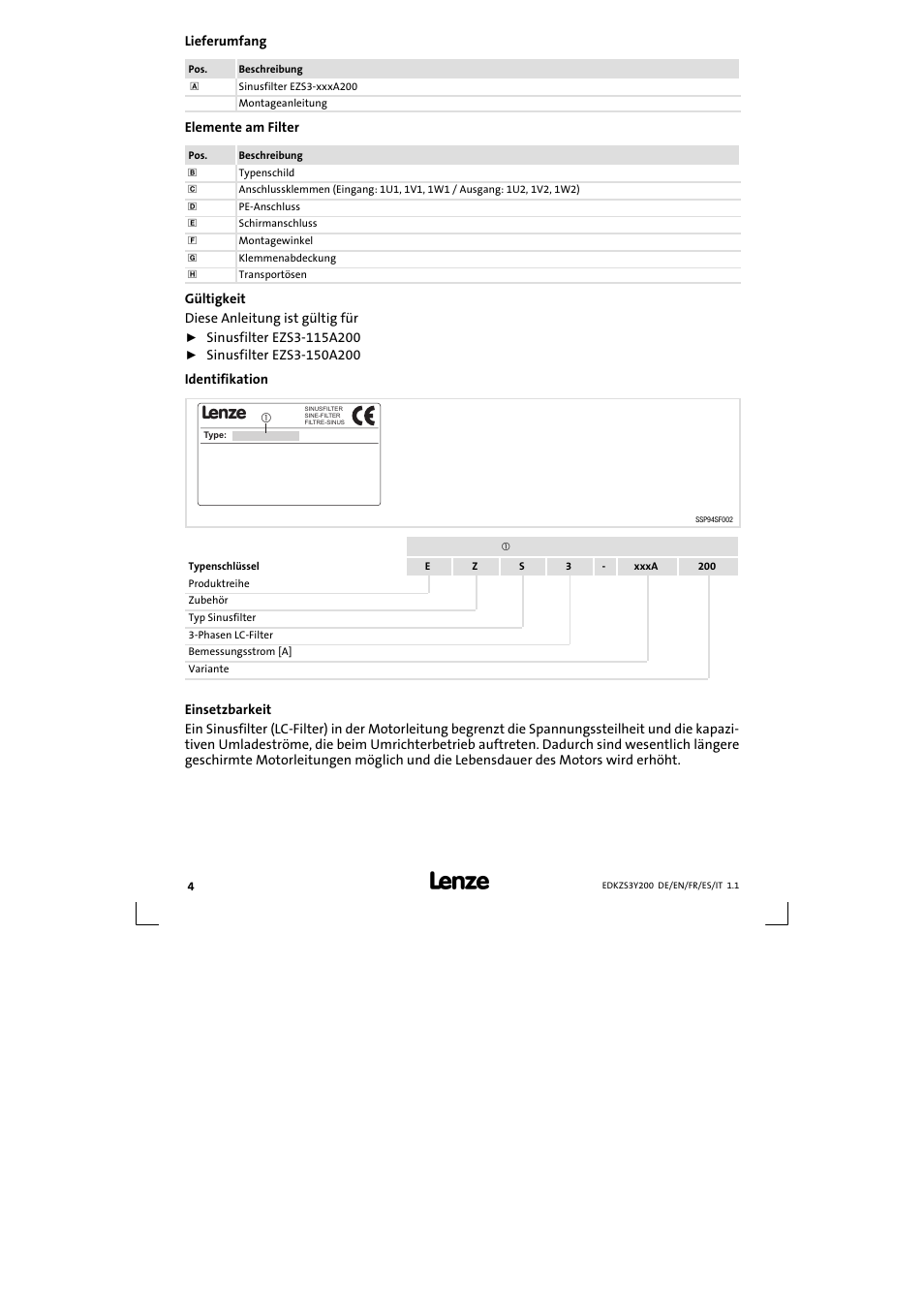Lieferumfang | Lenze EZS3-xxxA200 Sinusoidal filter 115-150A User Manual | Page 4 / 44