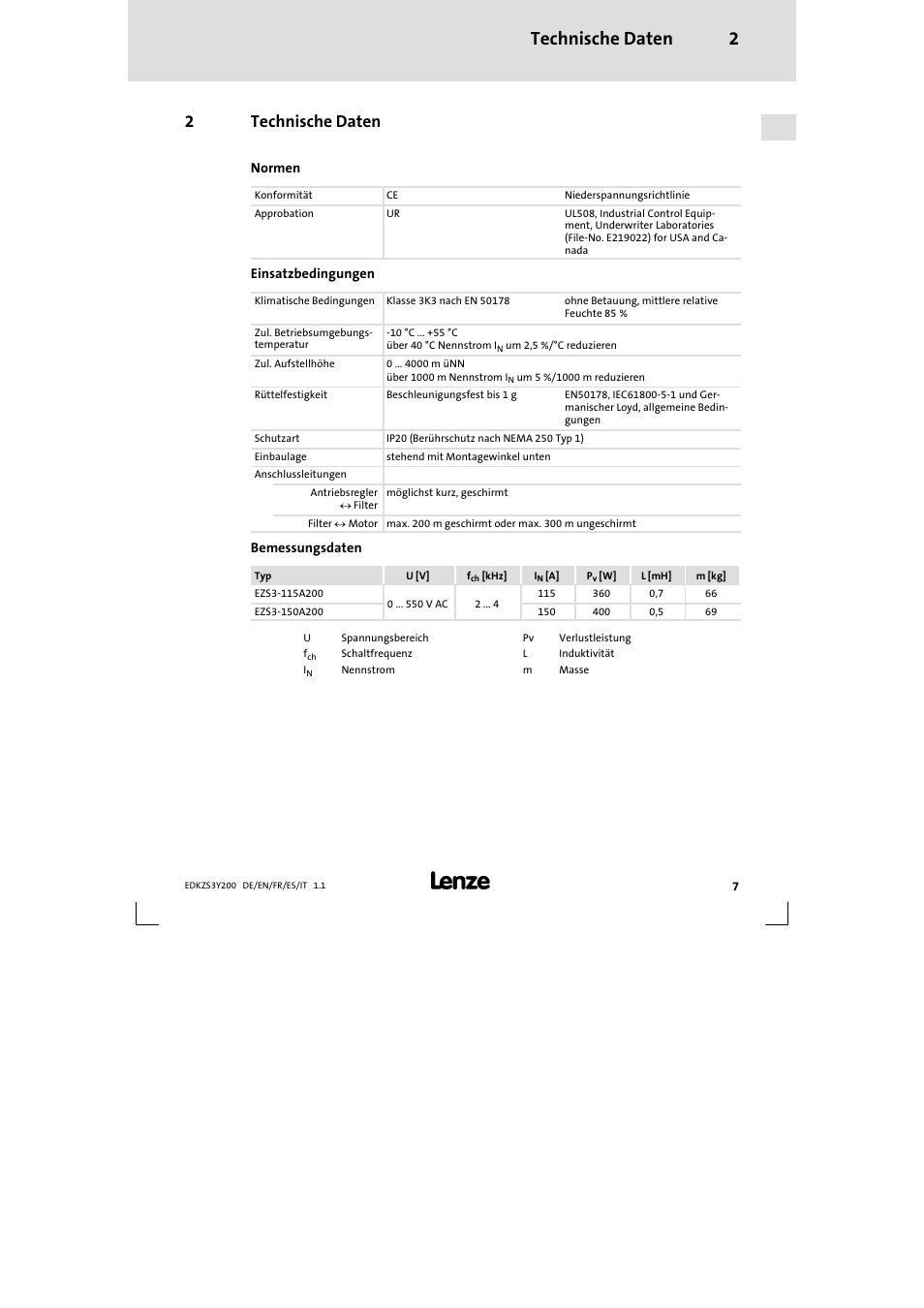 2 technische daten, Technische daten 2, 2technische daten | Lenze EZS3-xxxA200 Sinusoidal filter 115-150A User Manual | Page 7 / 44