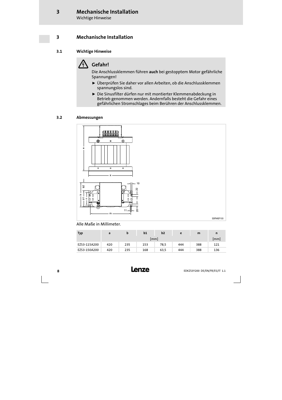 3 mechanische installation, Mechanische installation, 3mechanische installation | Gefahr | Lenze EZS3-xxxA200 Sinusoidal filter 115-150A User Manual | Page 8 / 44