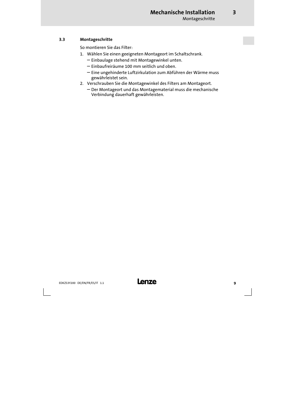 Mechanische installation | Lenze EZS3-xxxA200 Sinusoidal filter 115-150A User Manual | Page 9 / 44