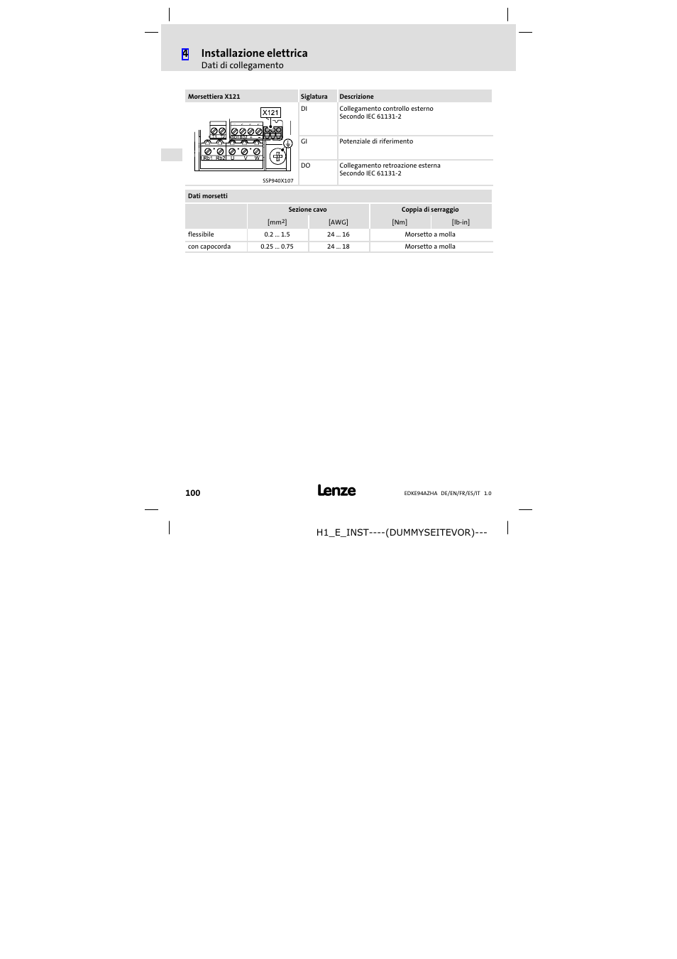 4installazione elettrica | Lenze E94AZHA0051 User Manual | Page 100 / 104