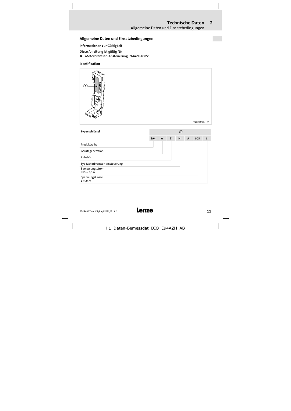 2 technische daten, Allgemeine daten und einsatzbedingungen, Technische daten | Lenze E94AZHA0051 User Manual | Page 11 / 104