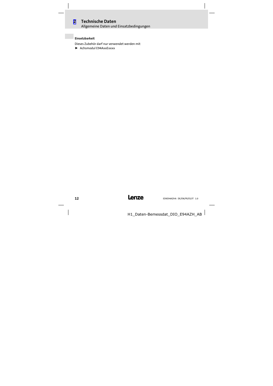 2technische daten | Lenze E94AZHA0051 User Manual | Page 12 / 104