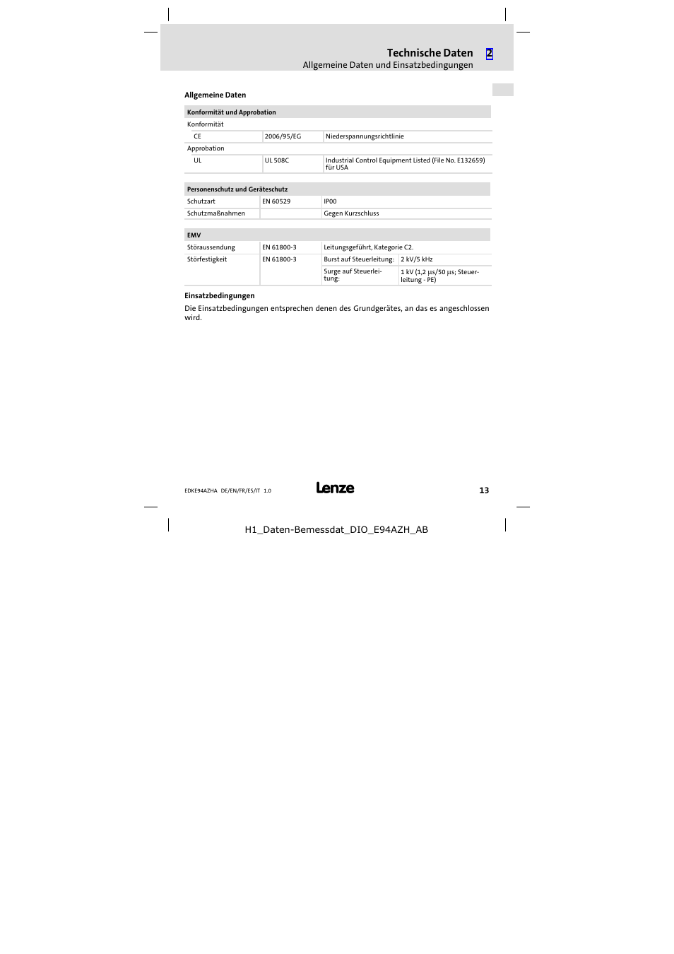 Technische daten | Lenze E94AZHA0051 User Manual | Page 13 / 104