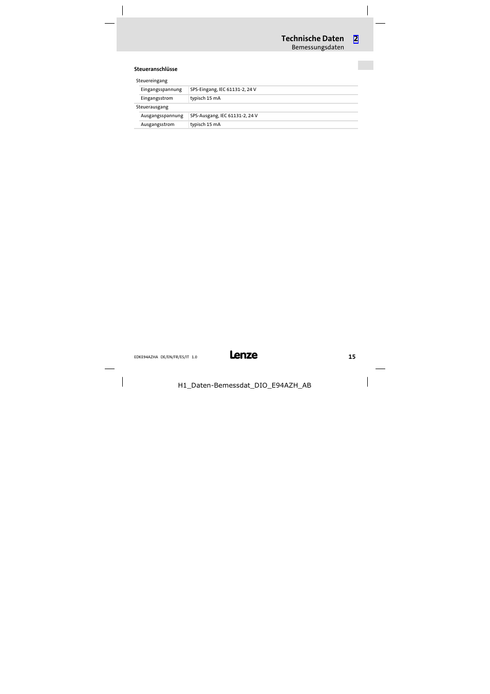 Technische daten | Lenze E94AZHA0051 User Manual | Page 15 / 104
